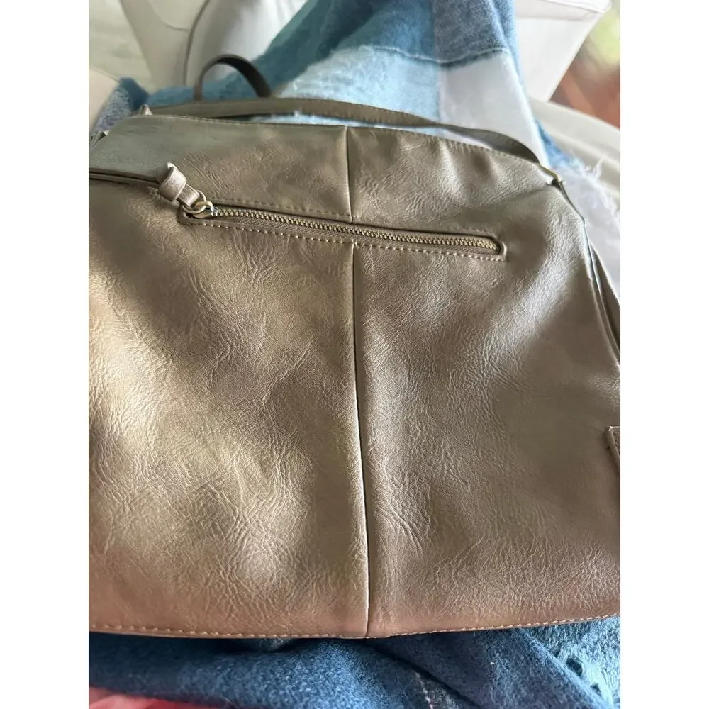 MMS Taupe Metallic Shoulder Bag Large Faux Leather‎ Hobo Purse Gold Hardware